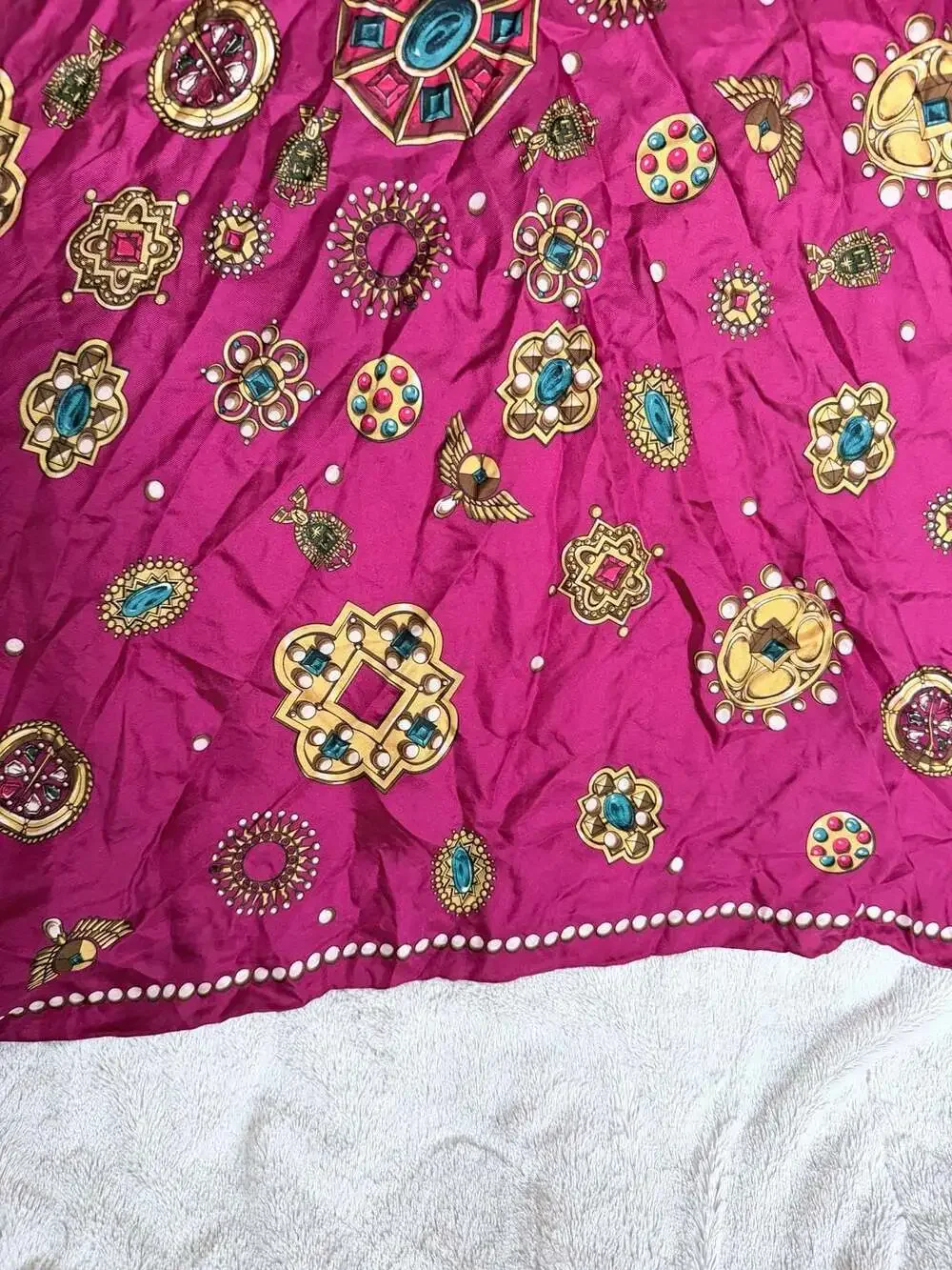 Perry Ellis Vintage 100% Silk Scarf with Jewel and Gemstone Motif in Fuchsia